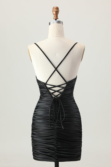 Black Spaghetti Straps Ruched Tight Cut-Out Mini Homecoming Dress